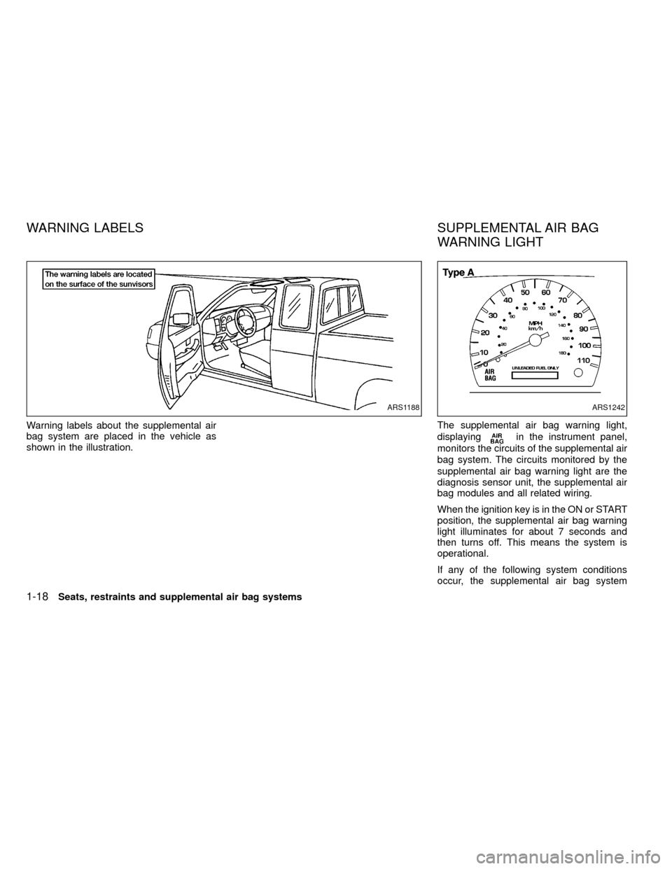 NISSAN FRONTIER 2000 D22 / 1.G Owners Manual Warning labels about the supplemental air
bag system are placed in the vehicle as
shown in the illustration.The supplemental air bag warning light,
displaying
in the instrument panel,
monitors the cir