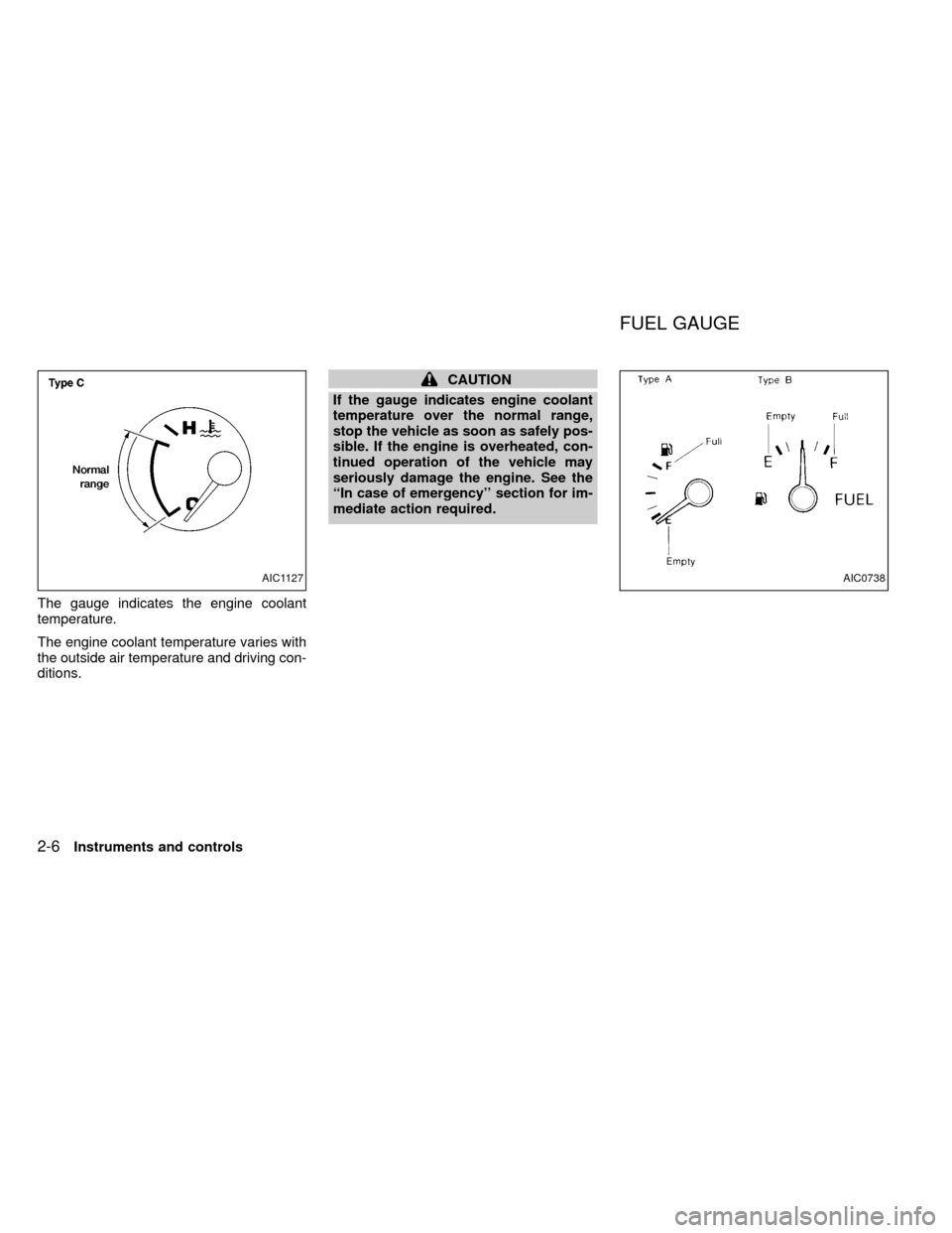 NISSAN FRONTIER 2000 D22 / 1.G Workshop Manual The gauge indicates the engine coolant
temperature.
The engine coolant temperature varies with
the outside air temperature and driving con-
ditions.
CAUTION
If the gauge indicates engine coolant
tempe