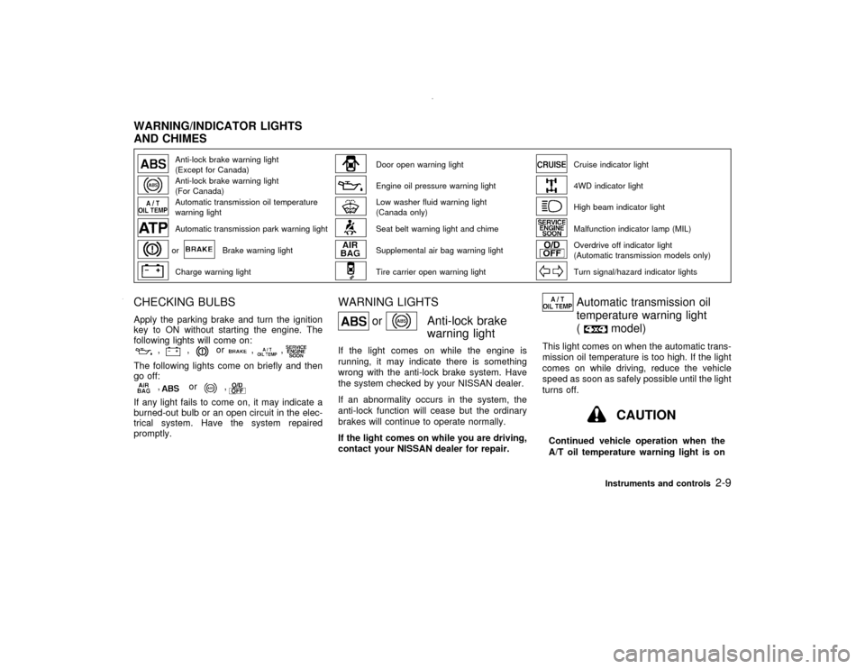 NISSAN PATHFINDER 2000 R50 / 2.G Owners Manual Anti-lock brake warning light
(Except for Canada)
Door open warning light
Cruise indicator light
Anti-lock brake warning light
(For Canada)
Engine oil pressure warning light
4WD indicator light
Automa