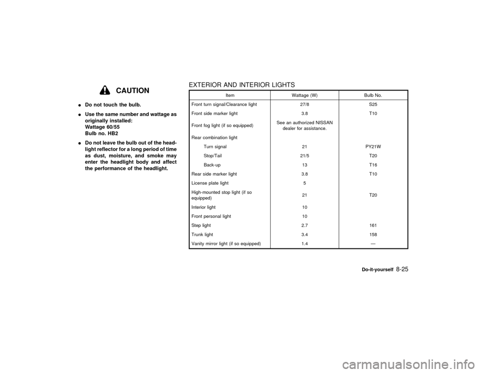 NISSAN MAXIMA 2001 A33 / 5.G Owners Manual CAUTION
IDo not touch the bulb.
IUse the same number and wattage as
originally installed:
Wattage 60/55
Bulb no. HB2
IDo not leave the bulb out of the head-
light reflector for a long period of time
a