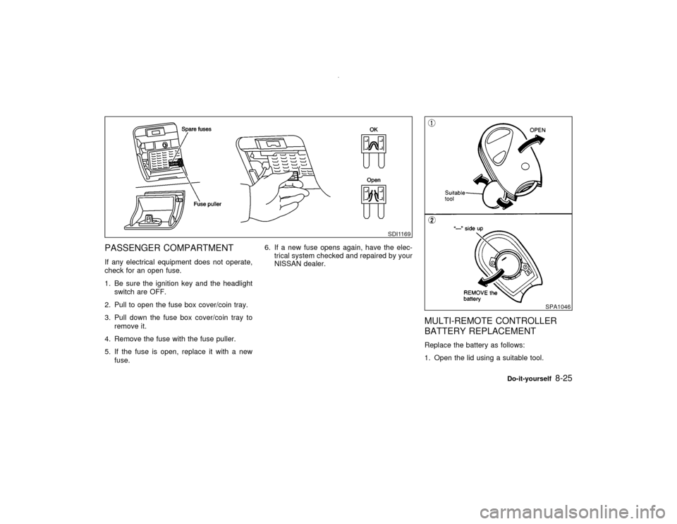 NISSAN PATHFINDER 2001 R50 / 2.G Owners Manual PASSENGER COMPARTMENTIf any electrical equipment does not operate,
check for an open fuse.
1. Be sure the ignition key and the headlight
switch are OFF.
2. Pull to open the fuse box cover/coin tray.
3