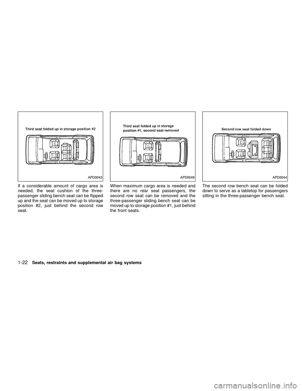 NISSAN QUEST 2001 V41 / 2.G Owners Manual If a considerable amount of cargo area is
needed, the seat cushion of the three-
passenger sliding bench seat can be flipped
up and the seat can be moved up to storage
position #2, just behind the sec