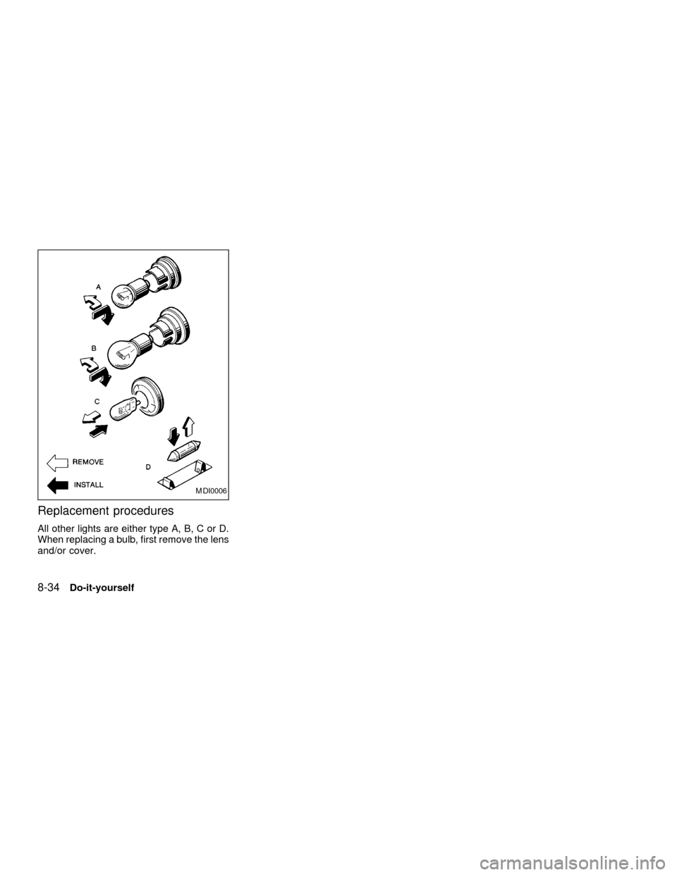 NISSAN SENTRA 2001 B15 / 5.G Owners Manual Replacement procedures
All other lights are either type A, B, C or D.
When replacing a bulb, first remove the lens
and/or cover.
MDI0006
8-34Do-it-yourself
ZX 