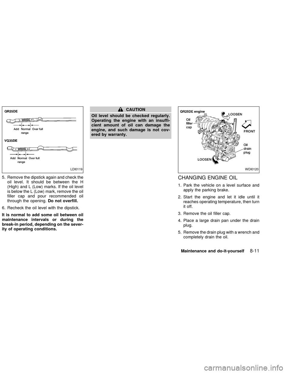 NISSAN ALTIMA 2002 L31 / 3.G Owners Manual 5. Remove the dipstick again and check the
oil level. It should be between the H
(High) and L (Low) marks. If the oil level
is below the L (Low) mark, remove the oil
filler cap and pour recommended oi NISSAN ALTIMA 2002 L31 / 3.G Owners Manual 5. Remove the dipstick again and check the
oil level. It should be between the H
(High) and L (Low) marks. If the oil level
is below the L (Low) mark, remove the oil
filler cap and pour recommended oi
