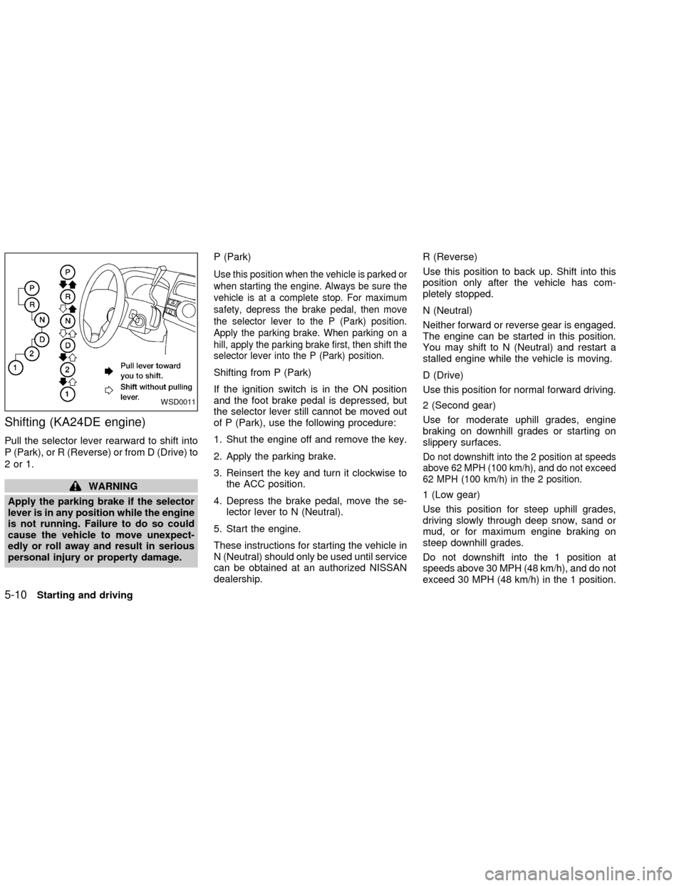 NISSAN FRONTIER 2002 D22 / 1.G Owners Manual Shifting (KA24DE engine)
Pull the selector lever rearward to shift into
P (Park), or R (Reverse) or from D (Drive) to
2or1.
WARNING
Apply the parking brake if the selector
lever is in any position whi NISSAN FRONTIER 2002 D22 / 1.G Owners Manual Shifting (KA24DE engine)
Pull the selector lever rearward to shift into
P (Park), or R (Reverse) or from D (Drive) to
2or1.
WARNING
Apply the parking brake if the selector
lever is in any position whi