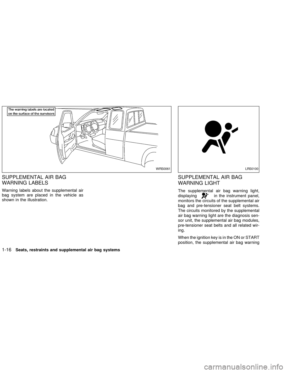 NISSAN FRONTIER 2002 D22 / 1.G Owners Manual SUPPLEMENTAL AIR BAG
WARNING LABELS
Warning labels about the supplemental air
bag system are placed in the vehicle as
shown in the illustration.
SUPPLEMENTAL AIR BAG
WARNING LIGHT
The supplemental air