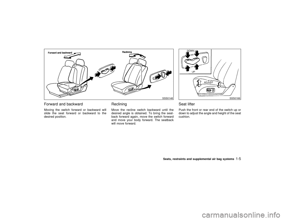 NISSAN PATHFINDER 2002 R50 / 2.G User Guide Forward and backwardMoving the switch forward or backward will
slide the seat forward or backward to the
desired position.
RecliningMove the recline switch backward until the
desired angle is obtained