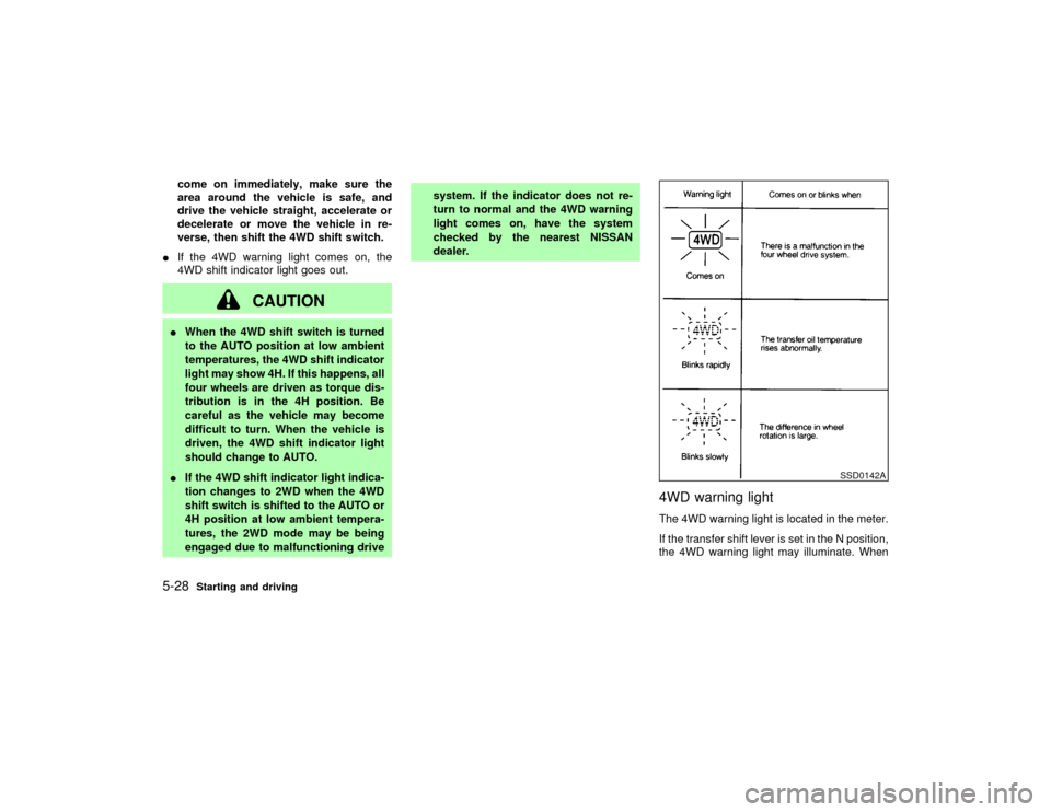NISSAN PATHFINDER 2002 R50 / 2.G Owners Manual come on immediately, make sure the
area around the vehicle is safe, and
drive the vehicle straight, accelerate or
decelerate or move the vehicle in re-
verse, then shift the 4WD shift switch.
IIf the NISSAN PATHFINDER 2002 R50 / 2.G Owners Manual come on immediately, make sure the
area around the vehicle is safe, and
drive the vehicle straight, accelerate or
decelerate or move the vehicle in re-
verse, then shift the 4WD shift switch.
IIf the