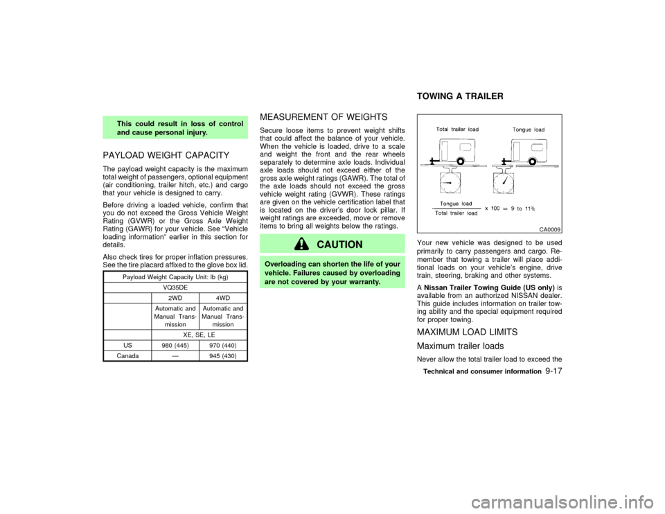 NISSAN PATHFINDER 2002 R50 / 2.G Owners Manual This could result in loss of control
and cause personal injury.
PAYLOAD WEIGHT CAPACITYThe payload weight capacity is the maximum
total weight of passengers, optional equipment
(air conditioning, trai