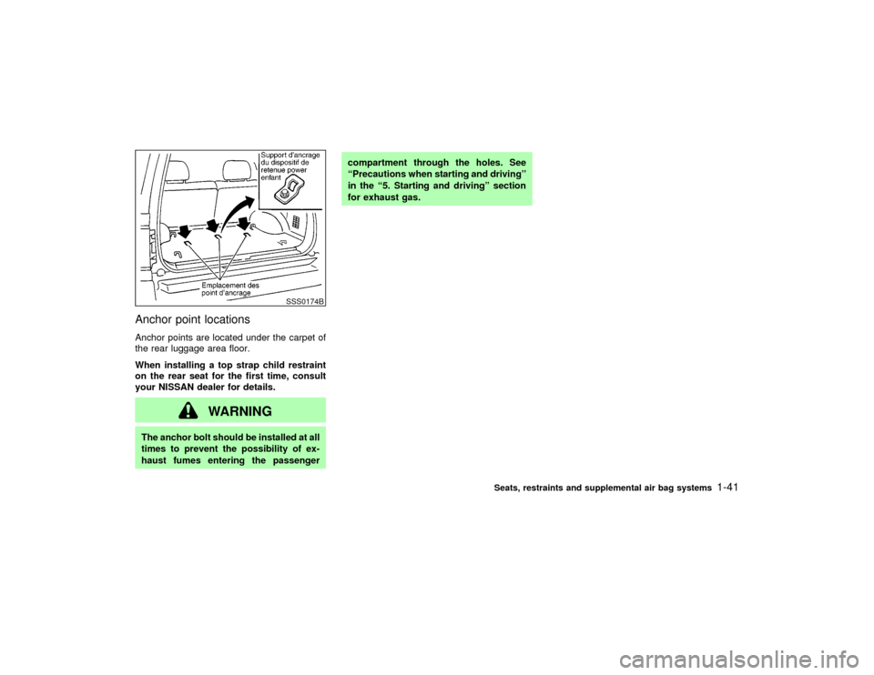 NISSAN PATHFINDER 2002 R50 / 2.G Service Manual Anchor point locationsAnchor points are located under the carpet of
the rear luggage area floor.
When installing a top strap child restraint
on the rear seat for the first time, consult
your NISSAN de
