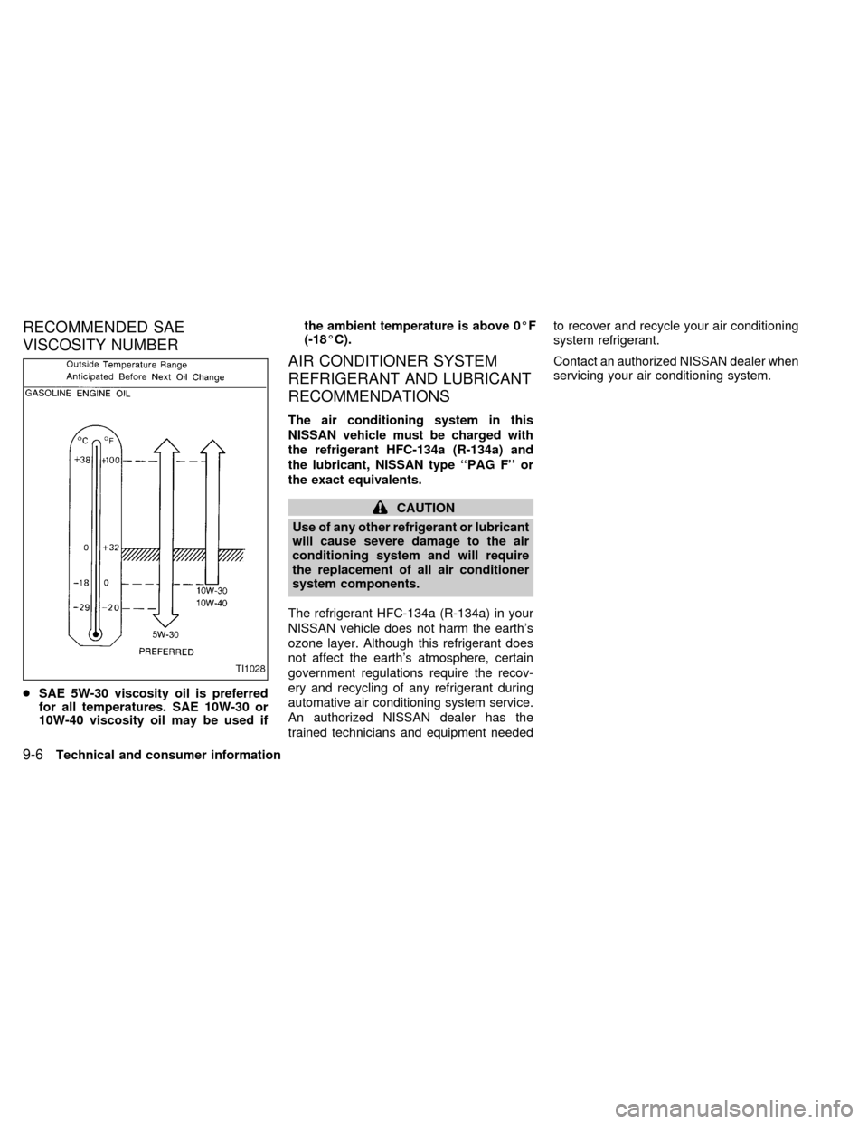 NISSAN QUEST 2002 V41 / 2.G Owners Manual RECOMMENDED SAE
VISCOSITY NUMBER
cSAE 5W-30 viscosity oil is preferred
for all temperatures. SAE 10W-30 or
10W-40 viscosity oil may be used ifthe ambient temperature is above 0ÉF
(-18ÉC).
AIR CONDIT NISSAN QUEST 2002 V41 / 2.G Owners Manual RECOMMENDED SAE
VISCOSITY NUMBER
cSAE 5W-30 viscosity oil is preferred
for all temperatures. SAE 10W-30 or
10W-40 viscosity oil may be used ifthe ambient temperature is above 0ÉF
(-18ÉC).
AIR CONDIT