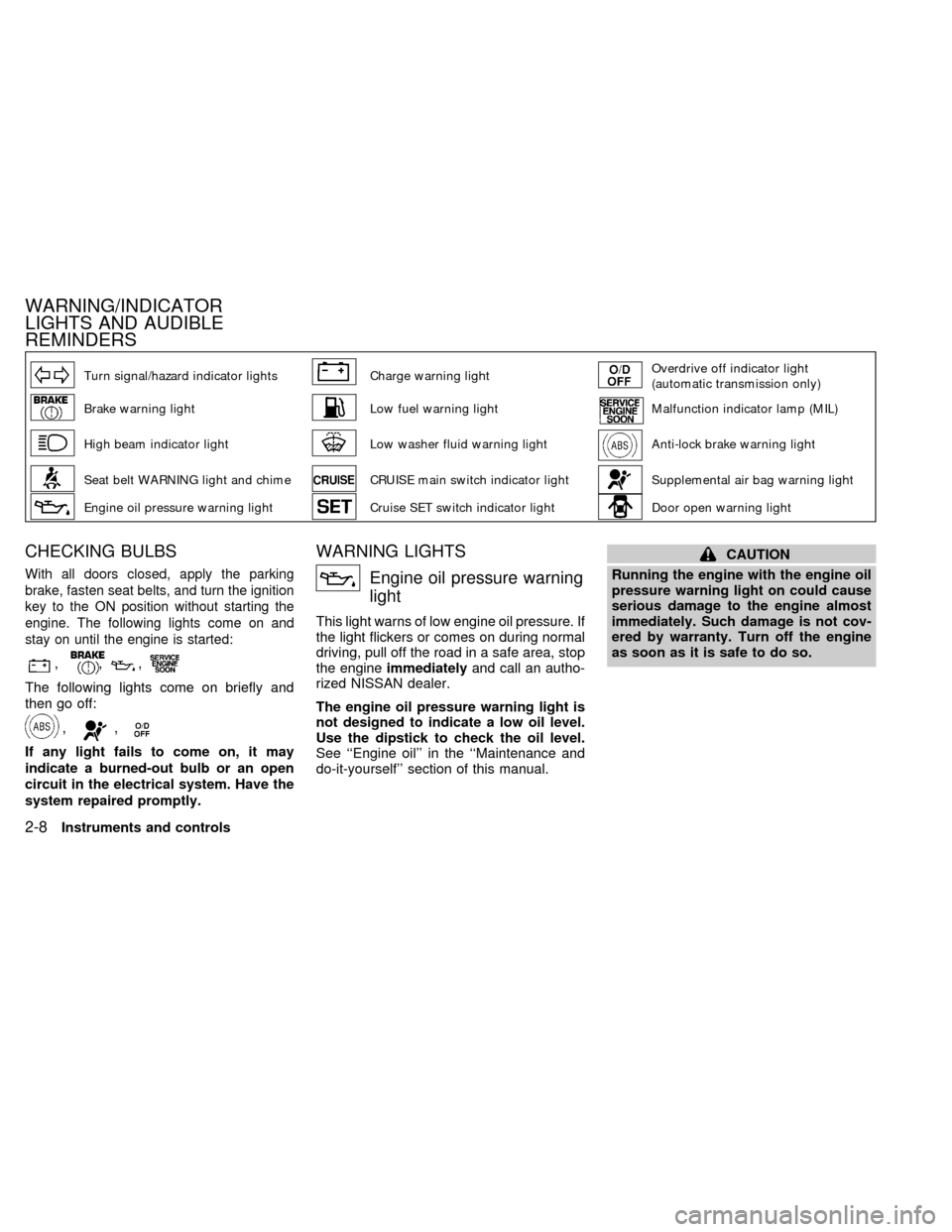 NISSAN QUEST 2002 V41 / 2.G Owners Manual Turn signal/hazard indicator lightsCharge warning lightOverdrive off indicator light
(automatic transmission only)
Brake warning lightLow fuel warning lightMalfunction indicator lamp (MIL)
High beam i