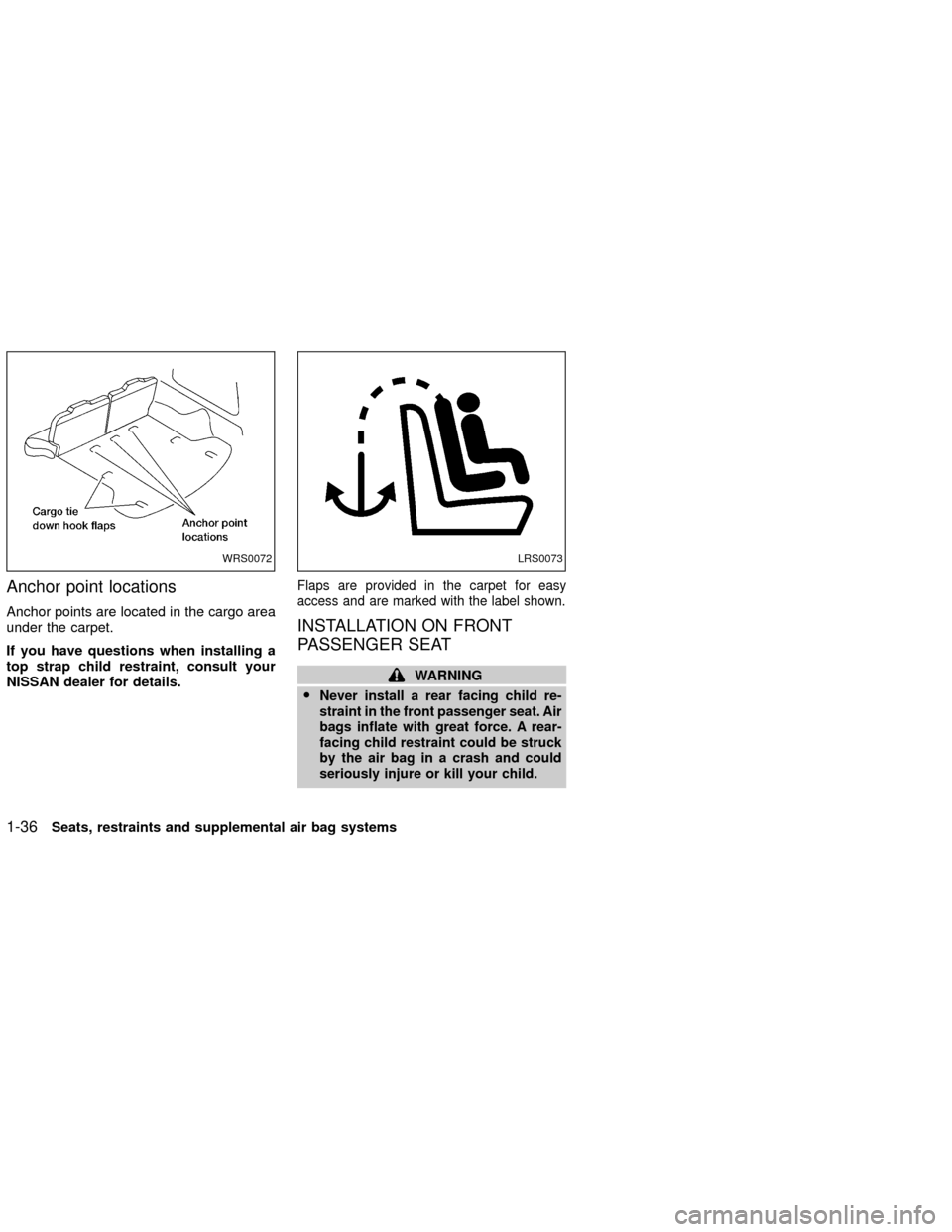 NISSAN XTERRA 2002 WD22 / 1.G Service Manual Anchor point locations
Anchor points are located in the cargo area
under the carpet.
If you have questions when installing a
top strap child restraint, consult your
NISSAN dealer for details.
Flaps ar NISSAN XTERRA 2002 WD22 / 1.G Service Manual Anchor point locations
Anchor points are located in the cargo area
under the carpet.
If you have questions when installing a
top strap child restraint, consult your
NISSAN dealer for details.
Flaps ar