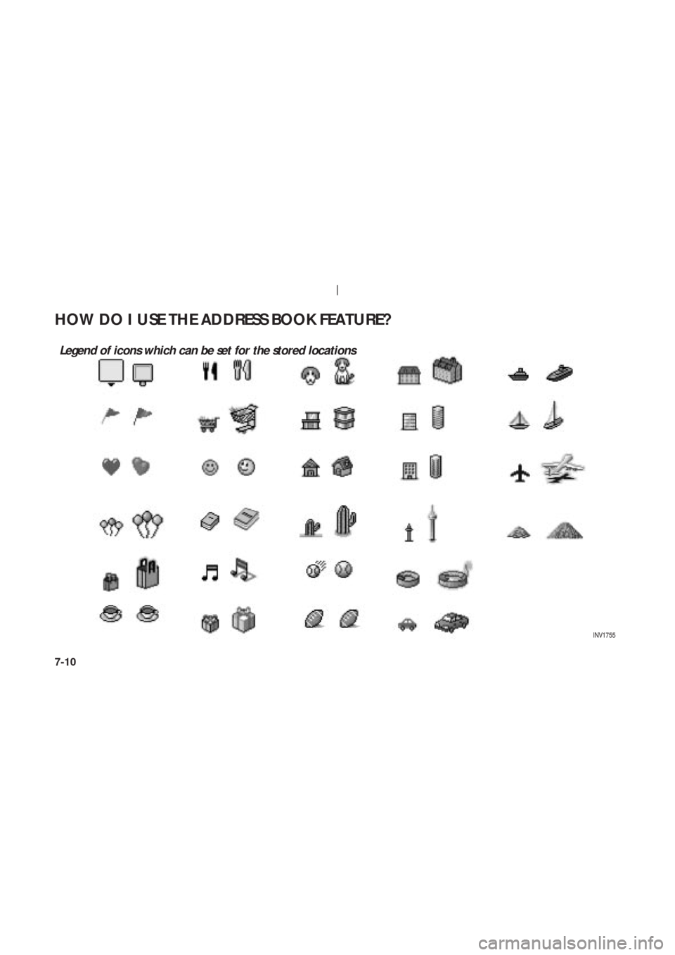 NISSAN 350Z 2003 Z33 Navigation Manual INV1755
Legend of icons which can be set for the stored locations
HOW DO I USE THE ADDRESS BOOK FEATURE?
7-10 