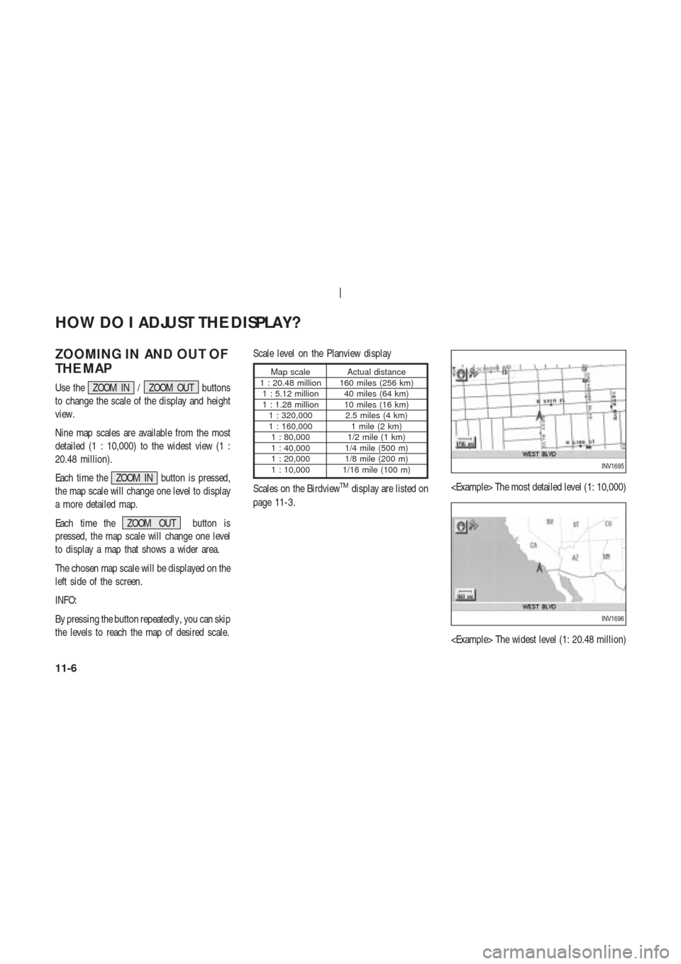 NISSAN 350Z 2003 Z33 Navigation Manual ZOOMING IN AND OUT OF
THE MAP
Use the ZOOM IN / ZOOM OUT buttons
to change the scale of the display and height
view.
Nine map scales are available from the most
detailed (1 : 10,000) to the widest vie