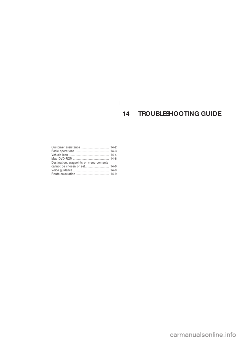 NISSAN 350Z 2003 Z33 Navigation Manual 14 TROUBLESHOOTING GUIDE
Customer assist ance ................................. 14-2
Basic opera tions ........................................ 14-3
Vehicle icon ......................................