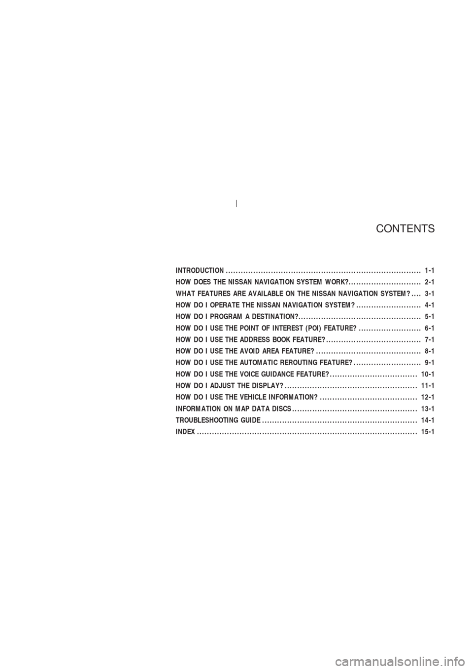 NISSAN 350Z 2003 Z33 Navigation Manual CONTENTS
INTRODUCTION .............................................................................. 1-1
HOW DOES THE NISSAN NAVIGA TION SYSTEM WORK?............................. 2-1
WHA T FEA TURES A