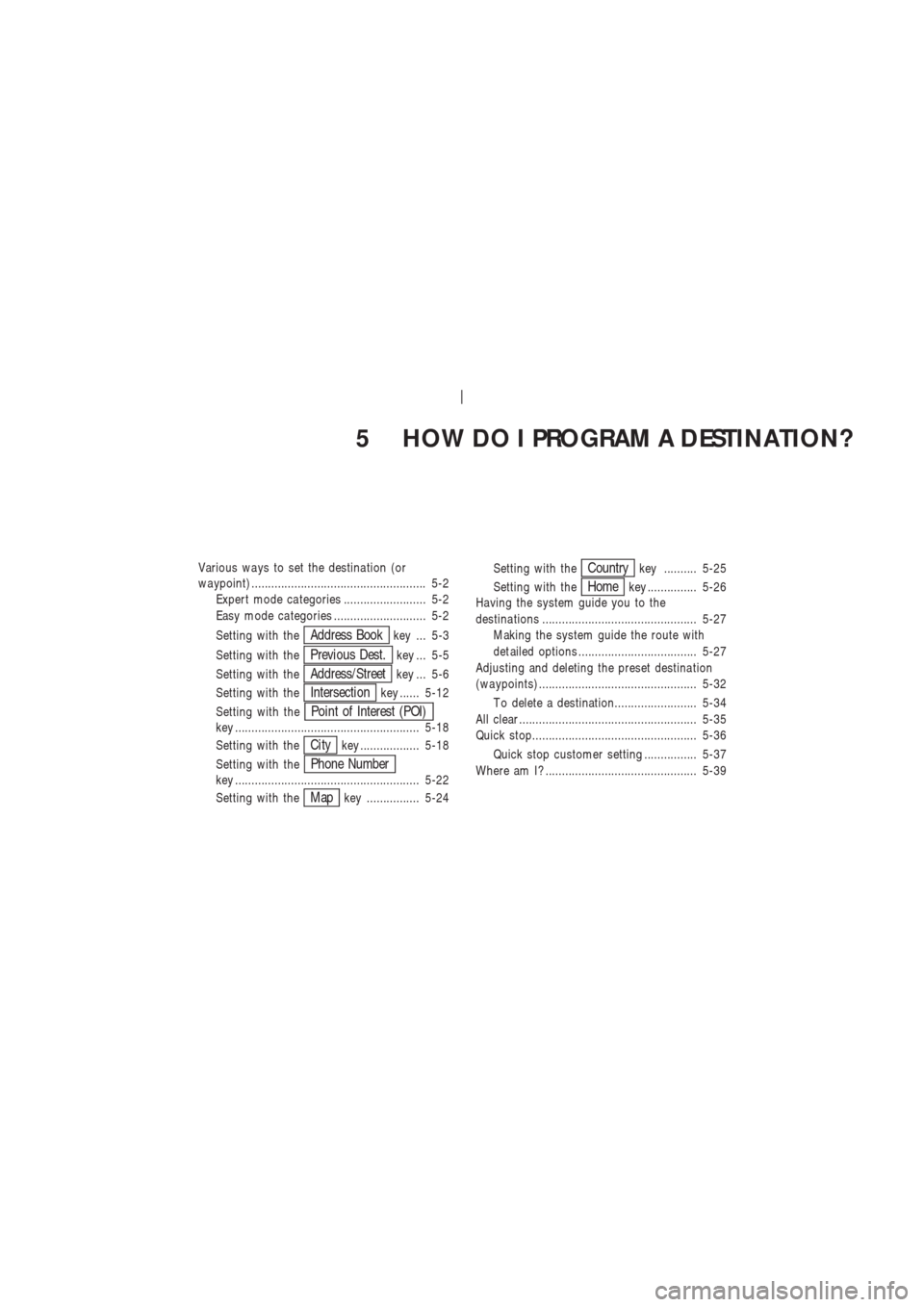 NISSAN 350Z 2003 Z33 Navigation Manual 5 HOW DO I PROGRAM A DESTINATION?
Various wa ys to set the destina tion (or
wa ypoint) ..................................................... 5-2
Expert mode ca tegories ......................... 5-2
E