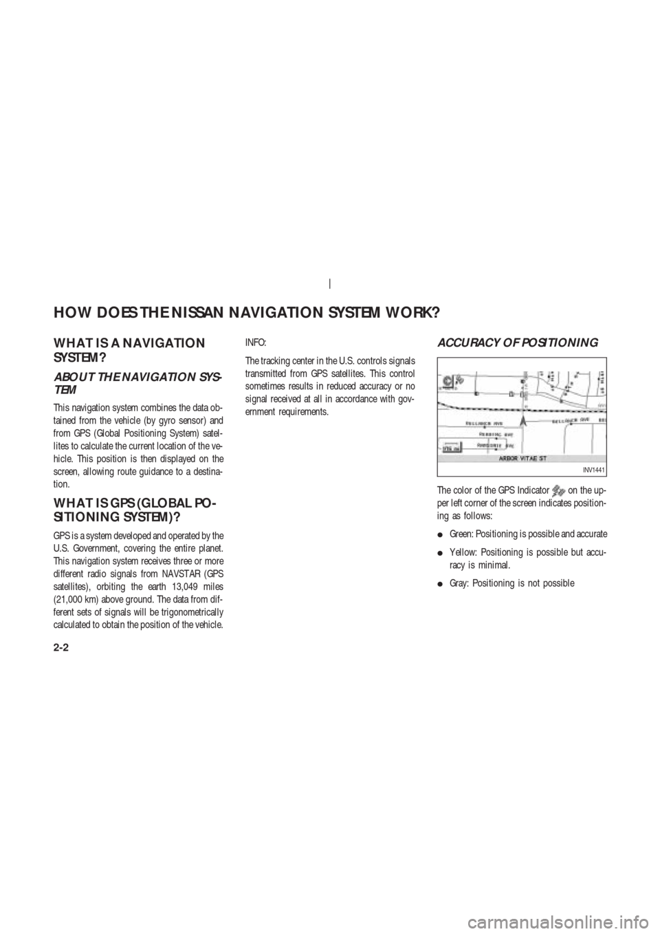 NISSAN 350Z 2003 Z33 Navigation Manual WHA T IS A NA VIGA TION
SYSTEM?
ABOUT THE NAVIGATION SYS-
TEM
This navigation system combines the data ob-
tained from the vehicle (by gyro sensor) and
from GPS (Global Positioning System) satel-
lite NISSAN 350Z 2003 Z33 Navigation Manual WHA T IS A NA VIGA TION
SYSTEM?
ABOUT THE NAVIGATION SYS-
TEM
This navigation system combines the data ob-
tained from the vehicle (by gyro sensor) and
from GPS (Global Positioning System) satel-
lite