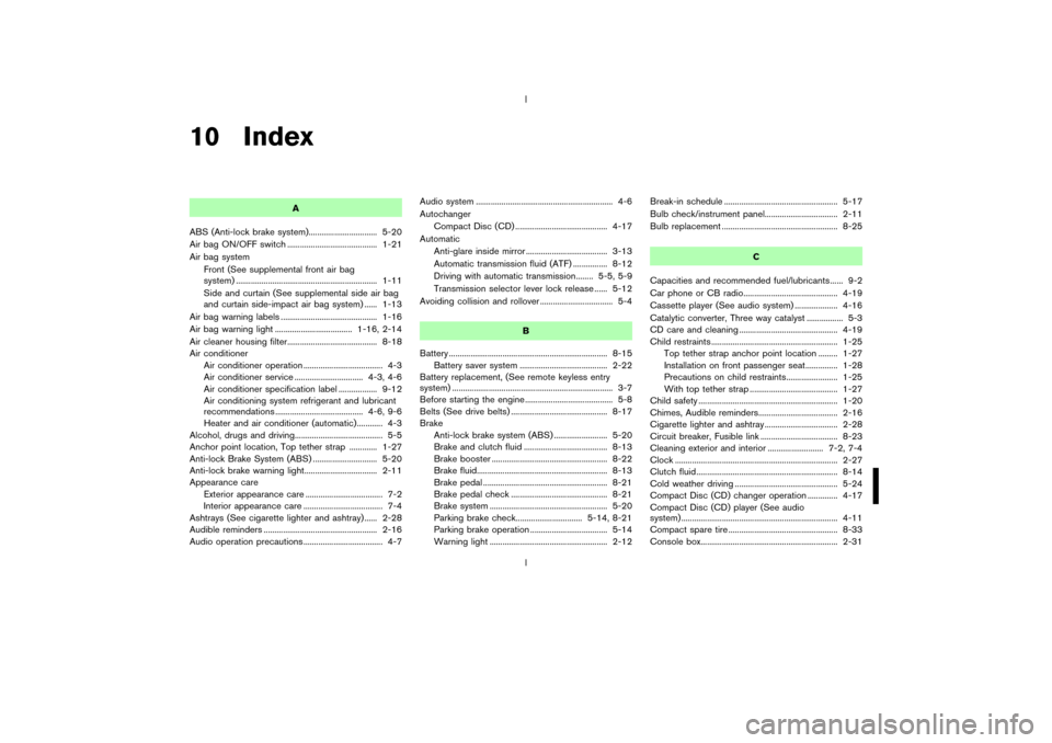 NISSAN 350Z 2003 Z33 Owners Manual 10 Index
A
ABS (Anti-lock brake system)................................ 5-20
Air bag ON/OFF switch .......................................... 1-21
Air bag system
Front (See supplemental front air bag
