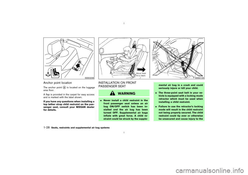NISSAN 350Z 2003 Z33 Owners Guide Anchor point locationThe anchor point
qA
is located on the luggage
area floor.
A flap is provided in the carpet for easy access
and is marked with the label shown.
If you have any questions when insta