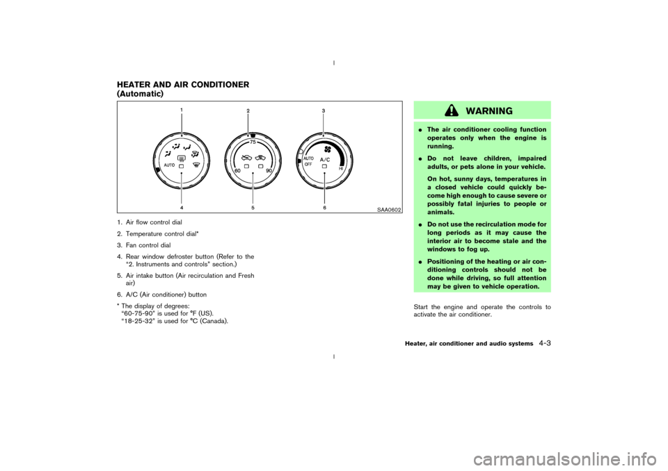 NISSAN 350Z 2003 Z33 Owners Manual 1. Air flow control dial
2. Temperature control dial*
3. Fan control dial
4. Rear window defroster button (Refer to the
ª2. Instruments and controlsº section.)
5. Air intake button (Air recirculatio