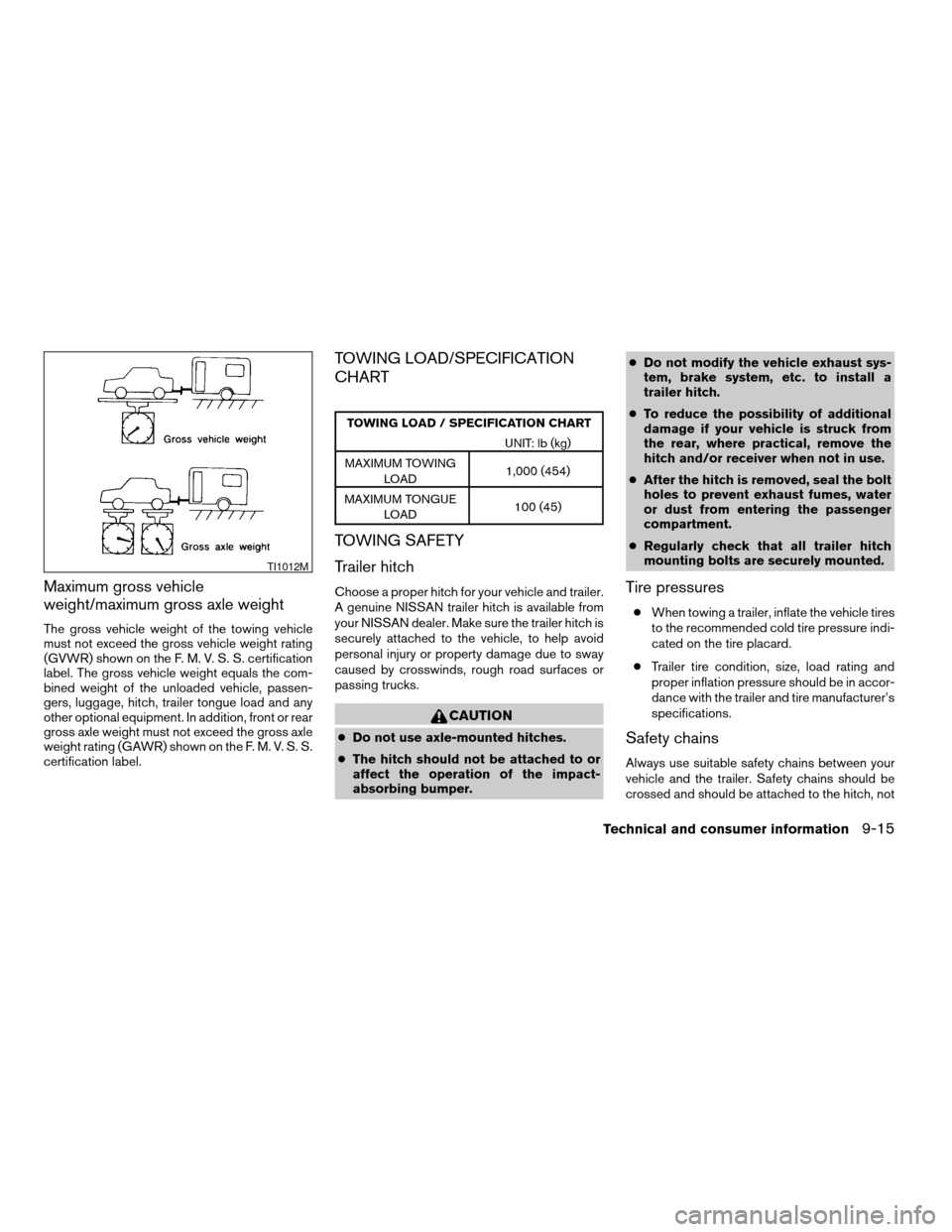 NISSAN ALTIMA 2003 L31 / 3.G User Guide Maximum gross vehicle
weight/maximum gross axle weight
The gross vehicle weight of the towing vehicle
must not exceed the gross vehicle weight rating
(GVWR) shown on the F. M. V. S. S. certification
l