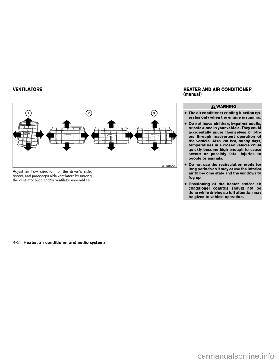 NISSAN FRONTIER 2003 D22 / 1.G Owners Manual Adjust air flow direction for the driver’s side,
center, and passenger side ventilators by moving
the ventilator slide and/or ventilator assemblies.
WARNING
cThe air conditioner cooling function op- NISSAN FRONTIER 2003 D22 / 1.G Owners Manual Adjust air flow direction for the driver’s side,
center, and passenger side ventilators by moving
the ventilator slide and/or ventilator assemblies.
WARNING
cThe air conditioner cooling function op-