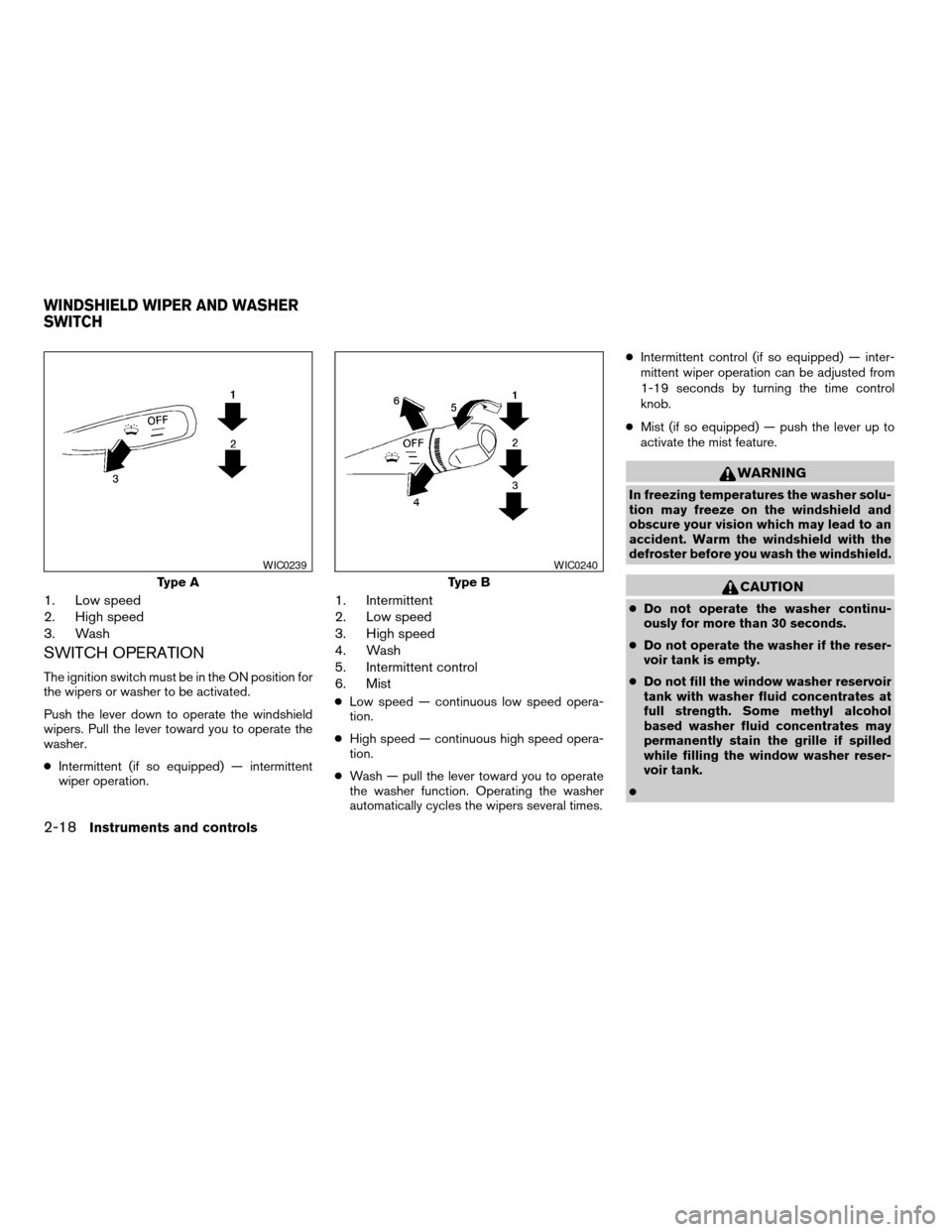 NISSAN FRONTIER 2003 D22 / 1.G Manual PDF 1. Low speed
2. High speed
3. Wash
SWITCH OPERATION
The ignition switch must be in the ON position for
the wipers or washer to be activated.
Push the lever down to operate the windshield
wipers. Pull NISSAN FRONTIER 2003 D22 / 1.G Manual PDF 1. Low speed
2. High speed
3. Wash
SWITCH OPERATION
The ignition switch must be in the ON position for
the wipers or washer to be activated.
Push the lever down to operate the windshield
wipers. Pull