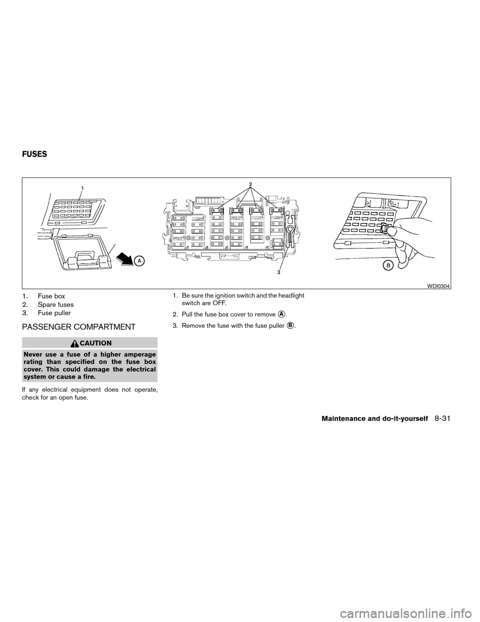 NISSAN XTERRA 2003 WD22 / 1.G Owners Manual 1. Fuse box
2. Spare fuses
3. Fuse puller
PASSENGER COMPARTMENT
CAUTION
Never use a fuse of a higher amperage
rating than specified on the fuse box
cover. This could damage the electrical
system or ca