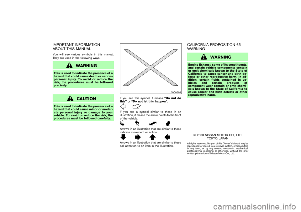 NISSAN 350Z 2004 Z33 Owners Manual IMPORTANT INFORMATION
ABOUT THIS MANUALYou will see various symbols in this manual.
They are used in the following ways:
WARNING
This is used to indicate the presence of a
hazard that could cause deat