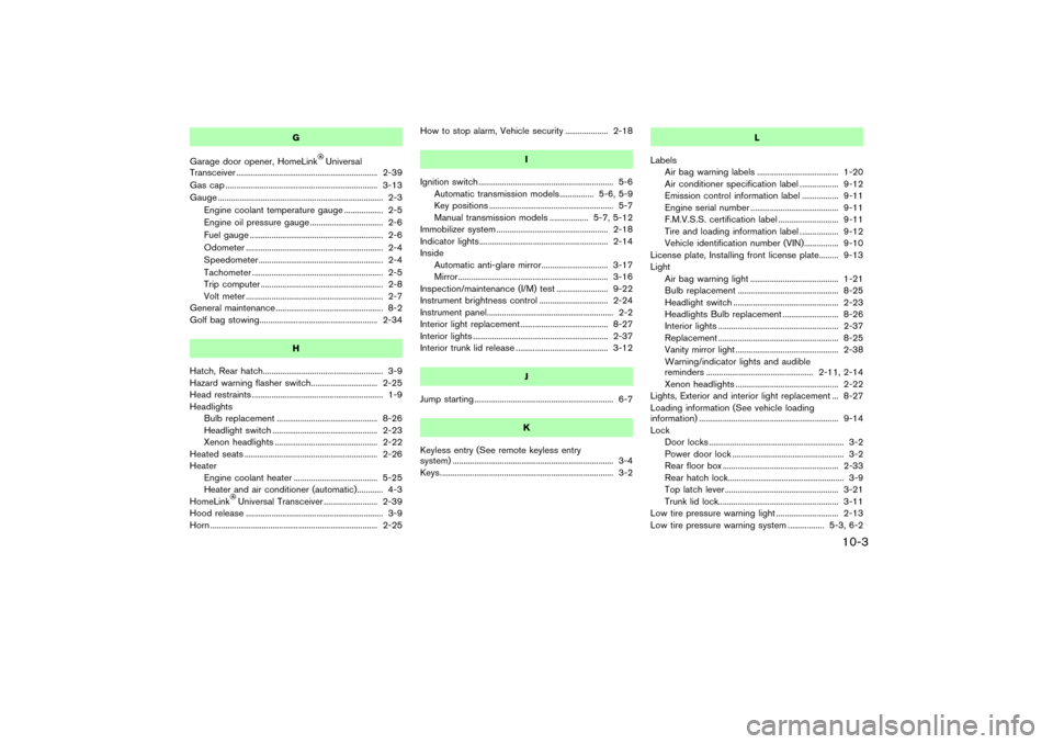 NISSAN 350Z 2004 Z33 Owners Manual G
Garage door opener, HomeLink
Universal
Transceiver .................................................................. 2-39
Gas cap ...................................................................
