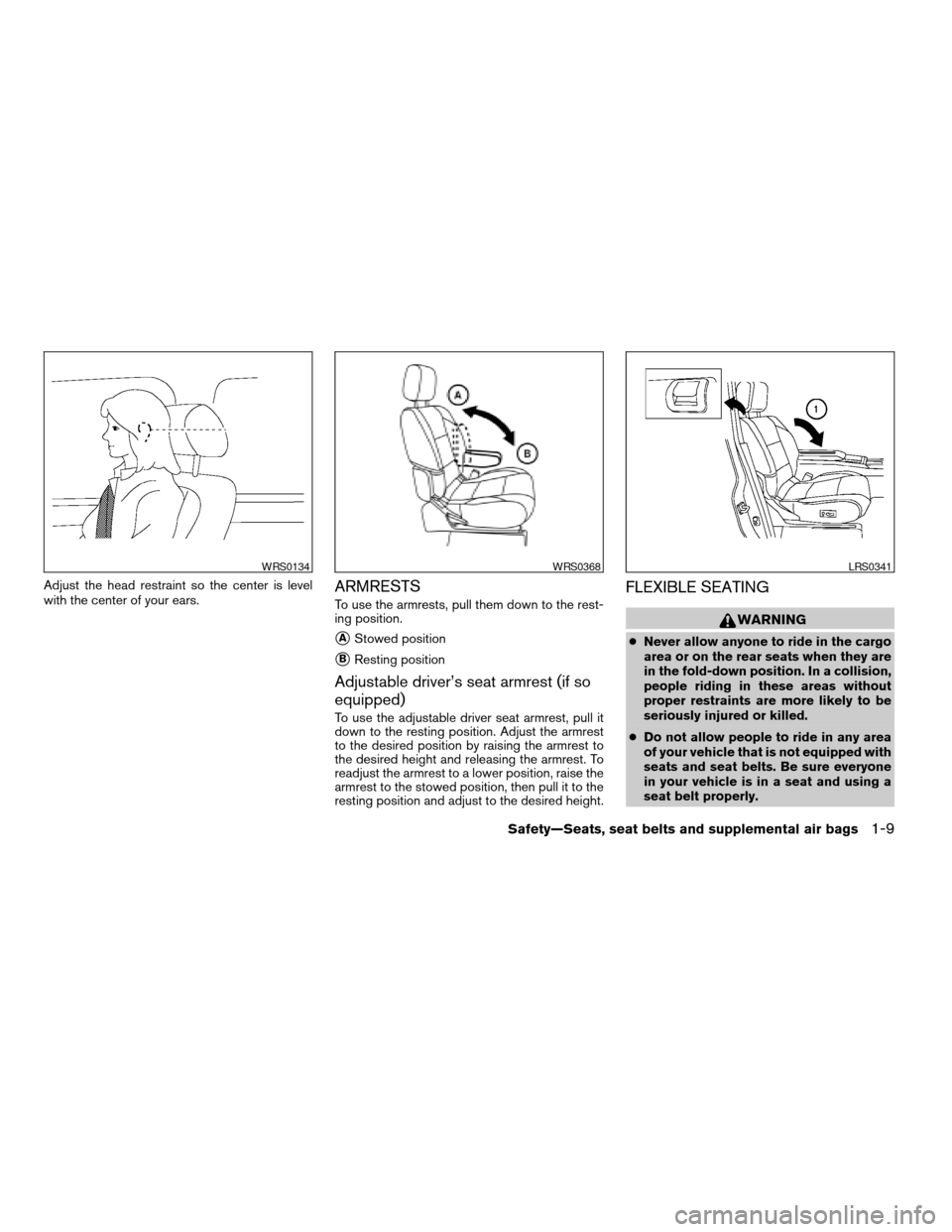 NISSAN ARMADA 2004 1.G Owners Manual Adjust the head restraint so the center is level
with the center of your ears.ARMRESTS
To use the armrests, pull them down to the rest-
ing position.
sAStowed position
sBResting position
Adjustable dr