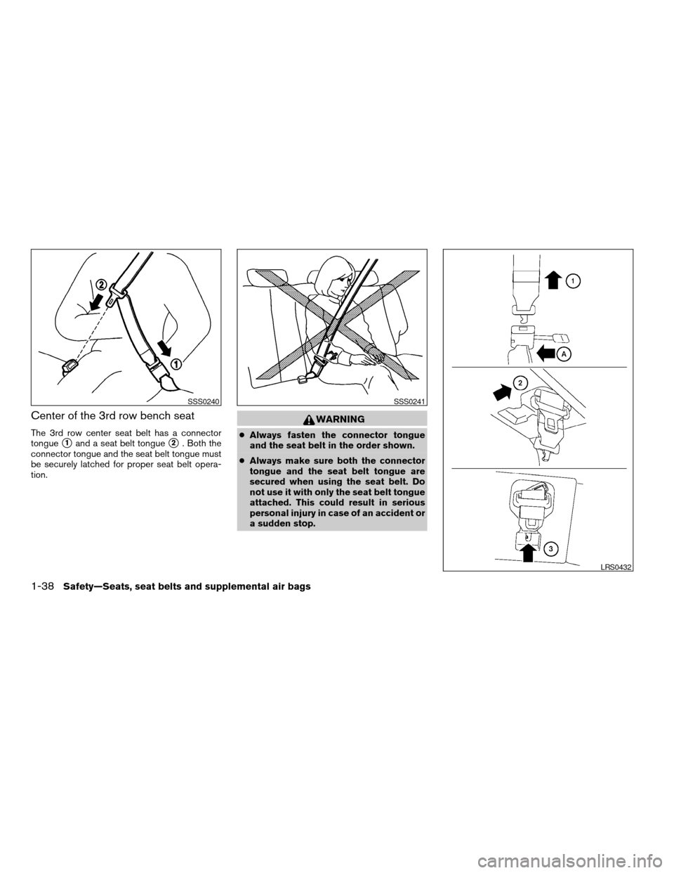 NISSAN ARMADA 2004 1.G Workshop Manual Center of the 3rd row bench seat
The 3rd row center seat belt has a connector
tongue
s1and a seat belt tongues2. Both the
connector tongue and the seat belt tongue must
be securely latched for proper 