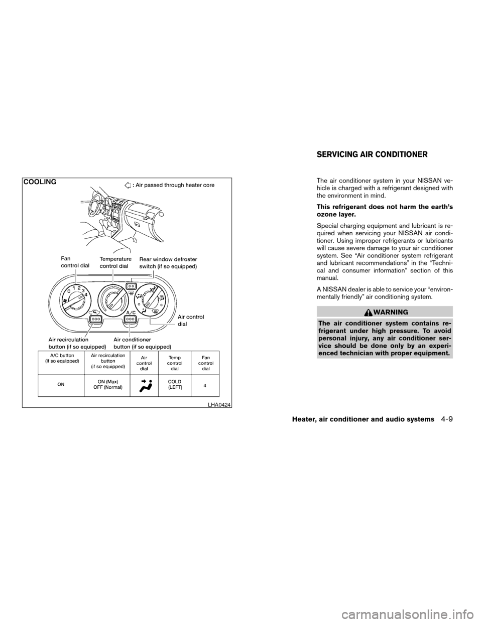 NISSAN FRONTIER 2004 D22 / 1.G Owners Manual The air conditioner system in your NISSAN ve-
hicle is charged with a refrigerant designed with
the environment in mind.
This refrigerant does not harm the earth’s
ozone layer.
Special charging equi