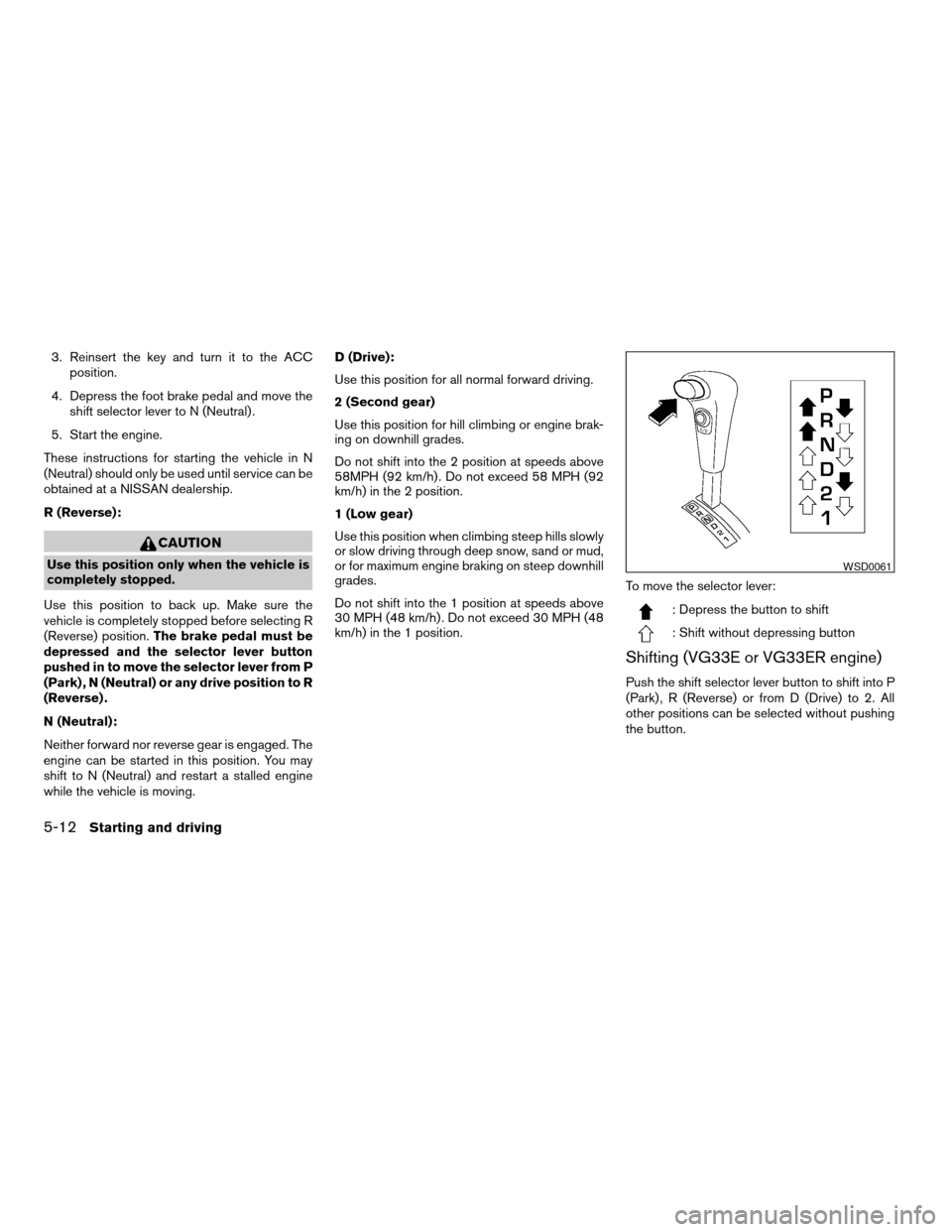 NISSAN FRONTIER 2004 D22 / 1.G Owners Manual 3. Reinsert the key and turn it to the ACC
position.
4. Depress the foot brake pedal and move the
shift selector lever to N (Neutral) .
5. Start the engine.
These instructions for starting the vehicle NISSAN FRONTIER 2004 D22 / 1.G Owners Manual 3. Reinsert the key and turn it to the ACC
position.
4. Depress the foot brake pedal and move the
shift selector lever to N (Neutral) .
5. Start the engine.
These instructions for starting the vehicle