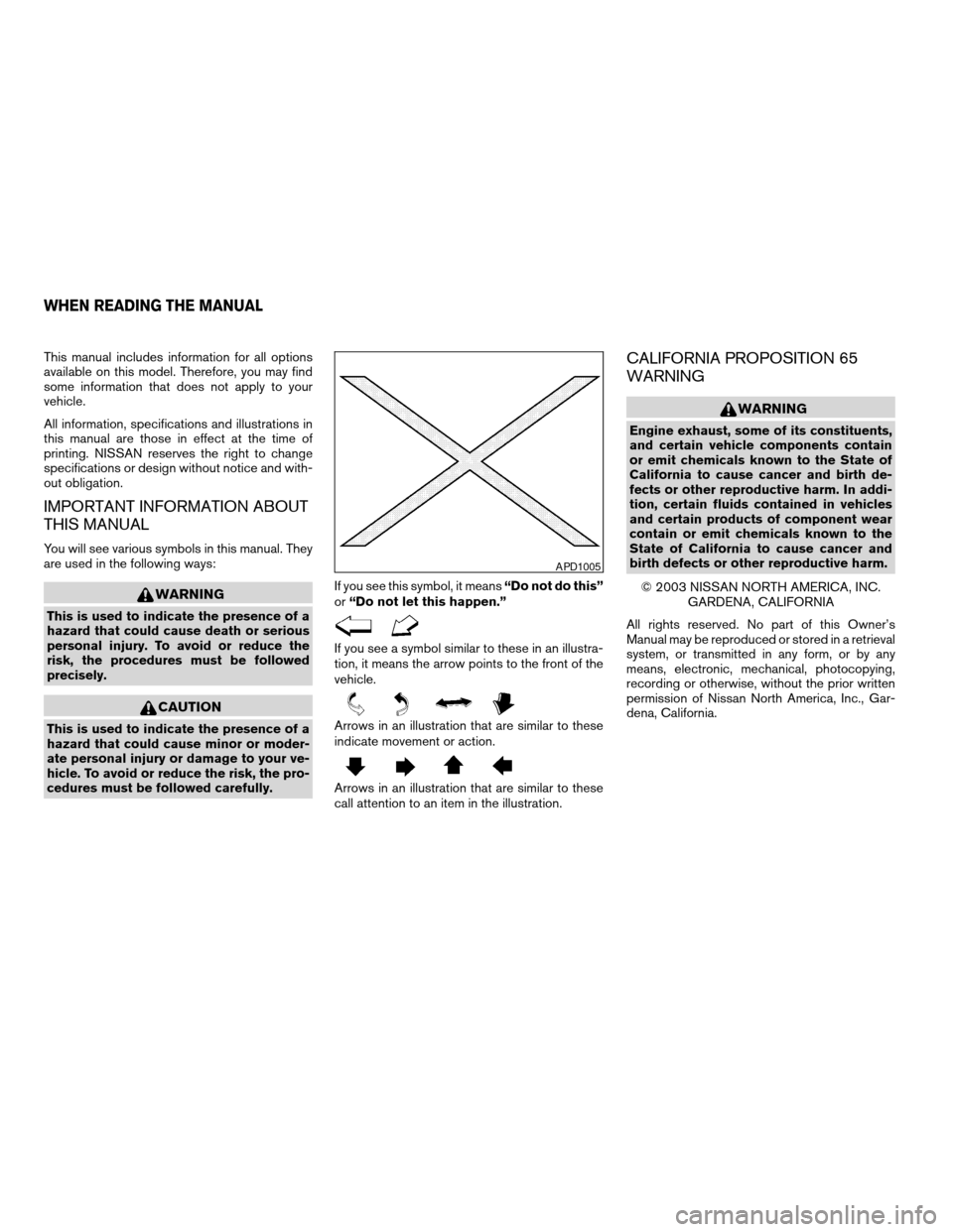 NISSAN MAXIMA 2004 A34 / 6.G Owners Manual This manual includes information for all options
available on this model. Therefore, you may find
some information that does not apply to your
vehicle.
All information, specifications and illustration