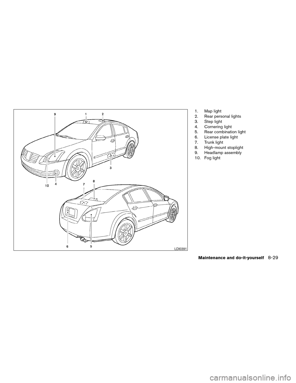 NISSAN MAXIMA 2004 A34 / 6.G Owners Manual 1. Map light
2. Rear personal lights
3. Step light
4. Cornering light
5. Rear combination light
6. License plate light
7. Trunk light
8. High-mount stoplight
9. Headlamp assembly
10. Fog light
LDI0391 NISSAN MAXIMA 2004 A34 / 6.G Owners Manual 1. Map light
2. Rear personal lights
3. Step light
4. Cornering light
5. Rear combination light
6. License plate light
7. Trunk light
8. High-mount stoplight
9. Headlamp assembly
10. Fog light
LDI0391