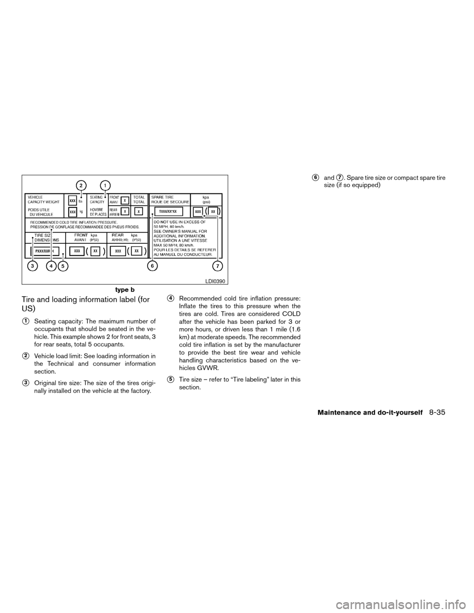 NISSAN MAXIMA 2004 A34 / 6.G Owners Manual Tire and loading information label (for
US)
s1Seating capacity: The maximum number of
occupants that should be seated in the ve-
hicle. This example shows 2 for front seats, 3
for rear seats, total 5 NISSAN MAXIMA 2004 A34 / 6.G Owners Manual Tire and loading information label (for
US)
s1Seating capacity: The maximum number of
occupants that should be seated in the ve-
hicle. This example shows 2 for front seats, 3
for rear seats, total 5