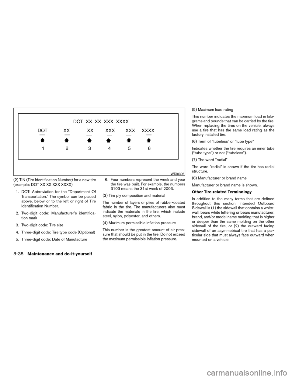 NISSAN MAXIMA 2004 A34 / 6.G Owners Manual (2) TIN (Tire Identification Number) for a new tire
(example: DOT XX XX XXX XXXX)
1. DOT: Abbreviation for the9Department Of
Transportation.9The symbol can be placed
above, below or to the left or rig