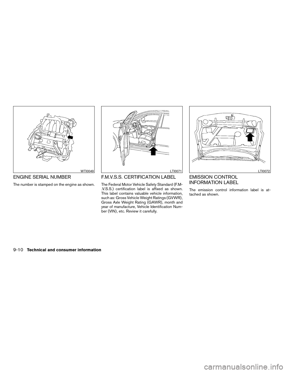 NISSAN MAXIMA 2004 A34 / 6.G Owners Manual ENGINE SERIAL NUMBER
The number is stamped on the engine as shown.
F.M.V.S.S. CERTIFICATION LABEL
The Federal Motor Vehicle Safety Standard (F.M-
.V.S.S.) certification label is affixed as shown.
This NISSAN MAXIMA 2004 A34 / 6.G Owners Manual ENGINE SERIAL NUMBER
The number is stamped on the engine as shown.
F.M.V.S.S. CERTIFICATION LABEL
The Federal Motor Vehicle Safety Standard (F.M-
.V.S.S.) certification label is affixed as shown.
This