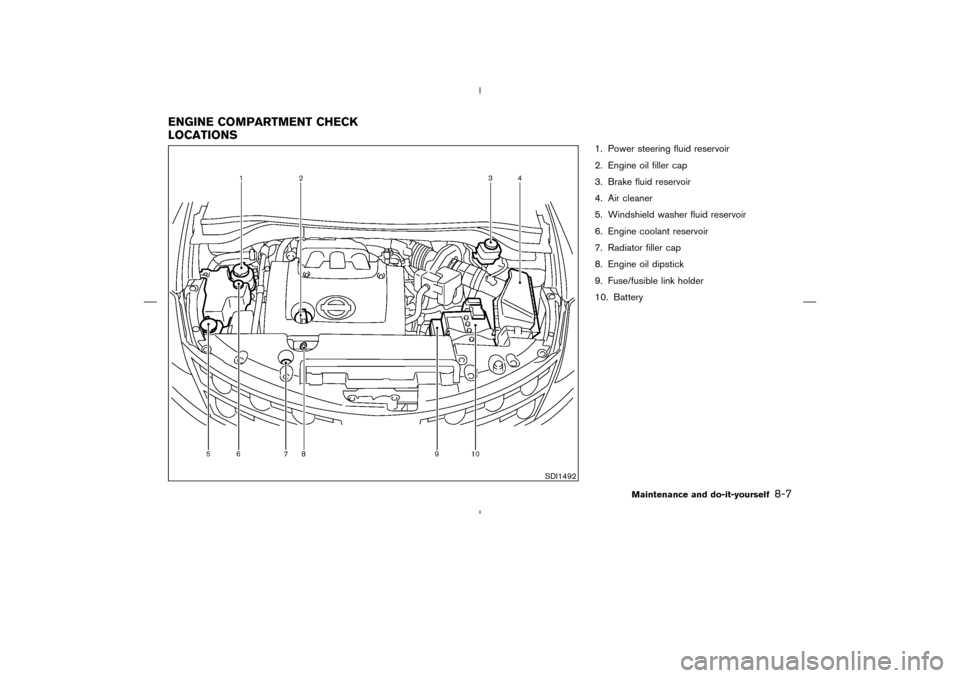 NISSAN MURANO 2004 1.G Owners Manual 1. Power steering fluid reservoir
2. Engine oil filler cap
3. Brake fluid reservoir
4. Air cleaner
5. Windshield washer fluid reservoir
6. Engine coolant reservoir
7. Radiator filler cap
8. Engine oil