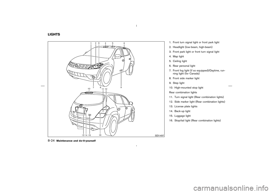 NISSAN MURANO 2004 1.G Owners Manual 1. Front turn signal light or front park light
2. Headlight (low-beam, high-beam)
3. Front park light or front turn signal light
4. Map light
5. Ceiling light
6. Rear personal light
7. Front fog light