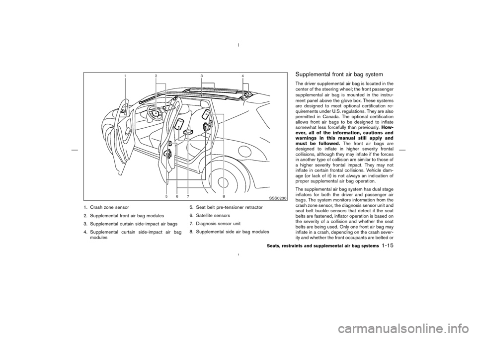 NISSAN MURANO 2004 1.G Owners Manual 1. Crash zone sensor
2. Supplemental front air bag modules
3. Supplemental curtain side-impact air bags
4. Supplemental curtain side-impact air bag
modules5. Seat belt pre-tensioner retractor
6. Satel