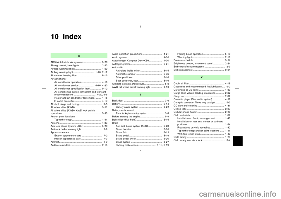 NISSAN MURANO 2004 1.G Owners Guide 10 Index
A
ABS (Anti-lock brake system)................................ 5-28
Aiming control, Headlights...................................... 2-23
Air bag warning labels ..............................