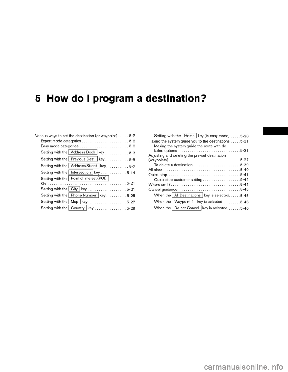 NISSAN PATHFINDER 2004 R50 / 2.G Navigation Manual 5 How do I program a destination?
Various ways to set the destination (or waypoint)......5-2
Expert mode categories.........................5-2
Easy mode categories..........................5-3
Settin