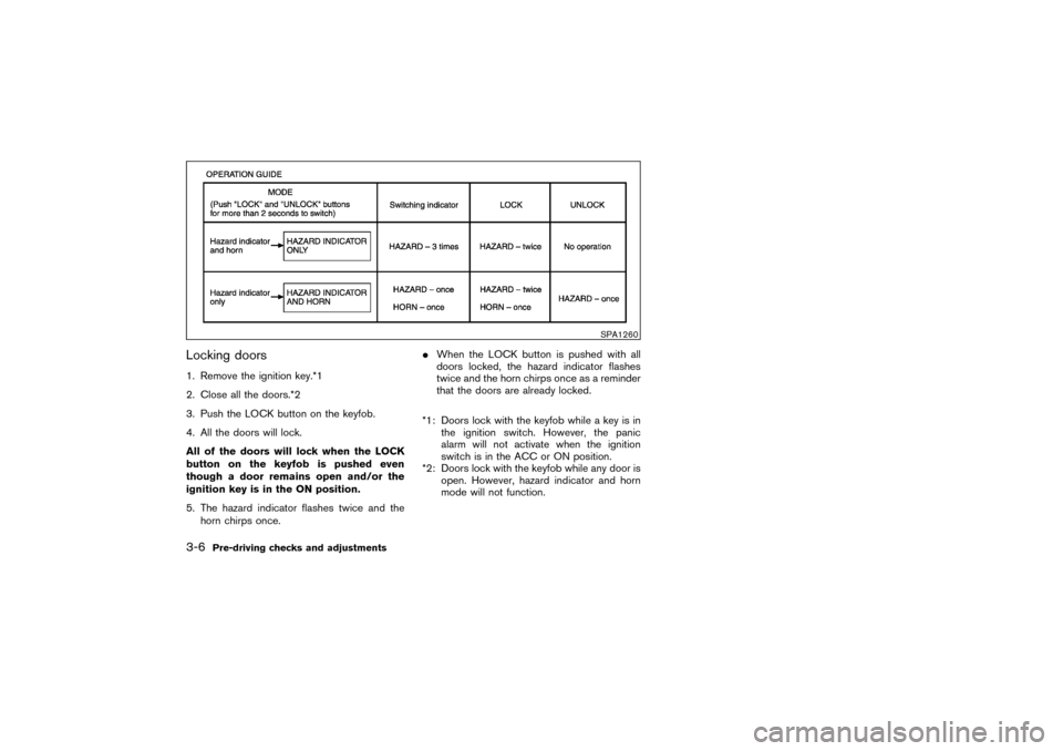 NISSAN PATHFINDER 2004 R50 / 2.G Owners Manual Locking doors1. Remove the ignition key.*1
2. Close all the doors.*2
3. Push the LOCK button on the keyfob.
4. All the doors will lock.
All of the doors will lock when the LOCK
button on the keyfob is