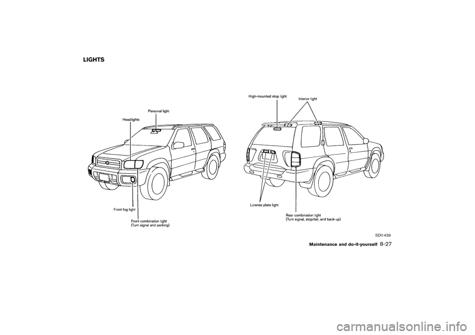 NISSAN PATHFINDER 2004 R50 / 2.G Owners Manual SDI1439
LIGHTS
Maintenance and do-it-yourself
8-27

04.3.9/R50-D/V5
 