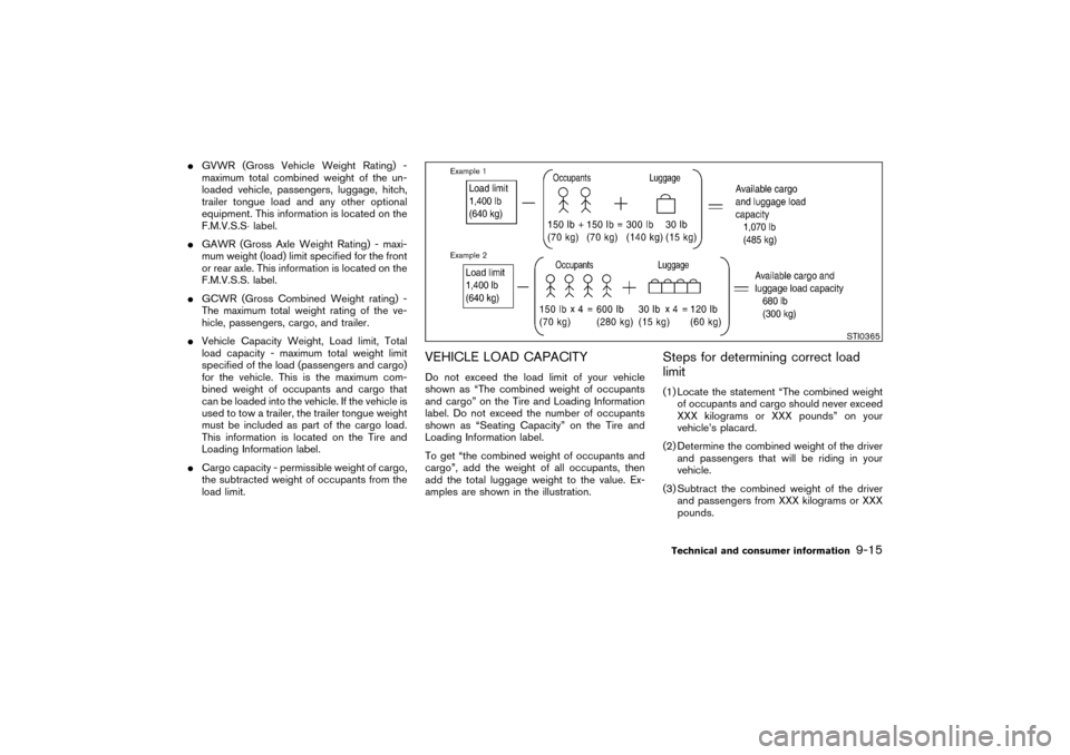 NISSAN PATHFINDER 2004 R50 / 2.G Owners Manual GVWR (Gross Vehicle Weight Rating) -
maximum total combined weight of the un-
loaded vehicle, passengers, luggage, hitch,
trailer tongue load and any other optional
equipment. This information is loc