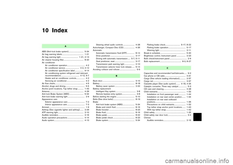 NISSAN PATHFINDER 2004 R50 / 2.G Owners Manual 10 Index
A
ABS (Anti-lock brake system)................................ 5-34
Air bag warning labels ............................................. 1-21
Air bag warning light ...........................
